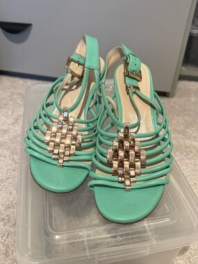 Women’s Mint Green Strappy Sandals with Gold Accent